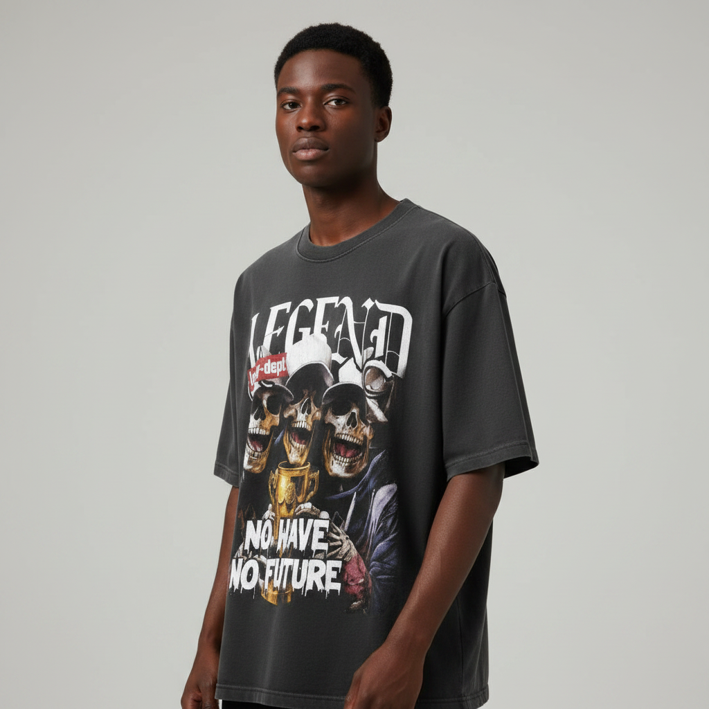 Men's Washed Black Skull Graphic Oversized Tee
