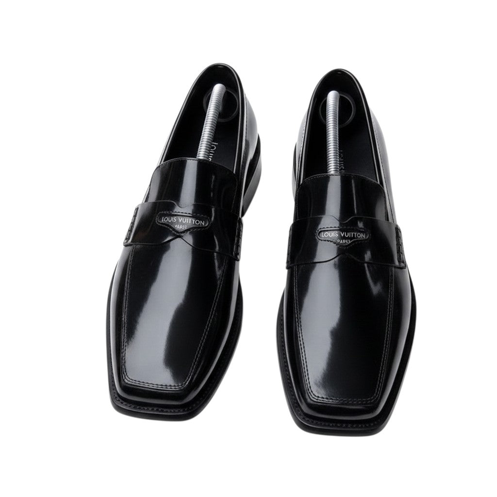 Men's Black Patent Leather Square-Toe Penny Loafers