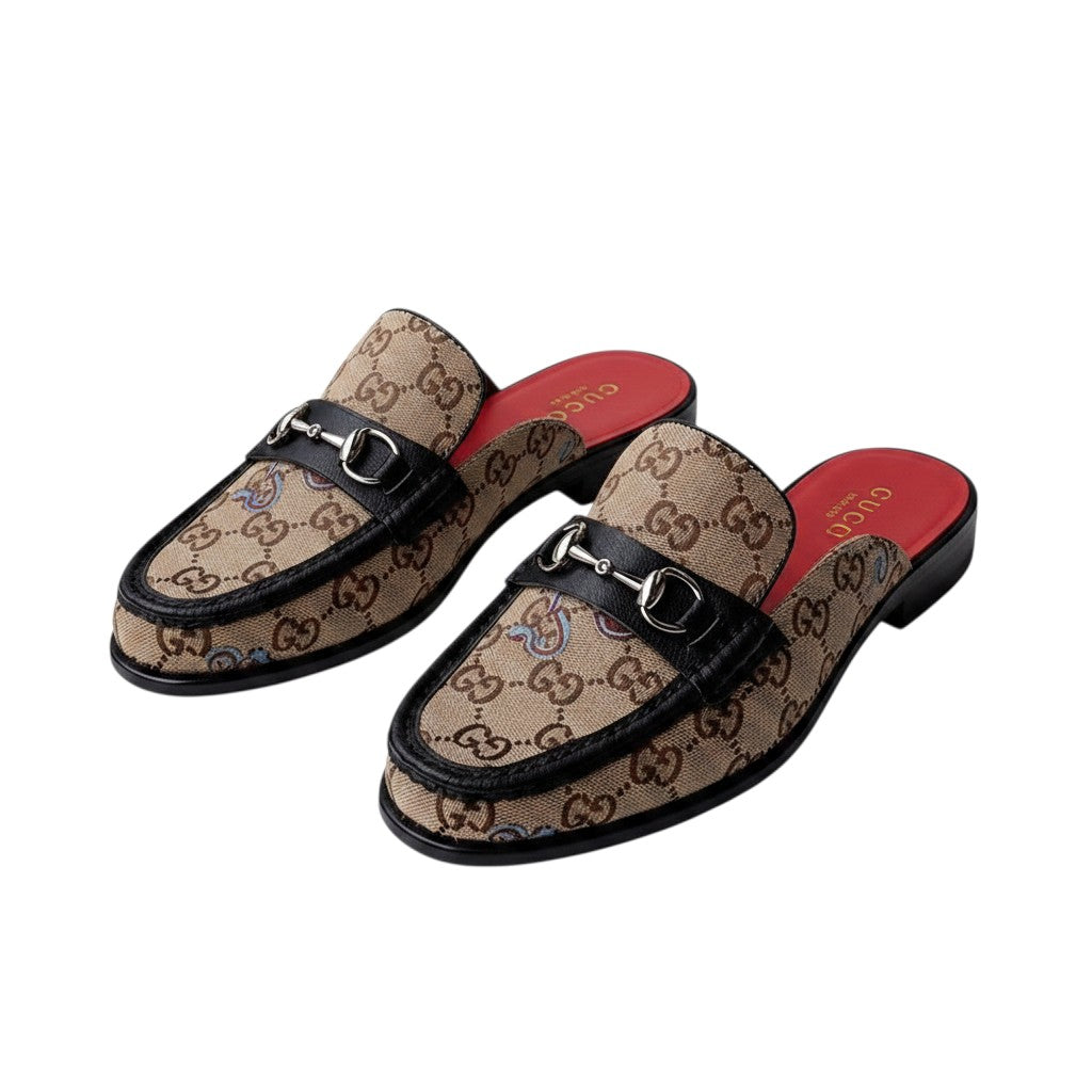 Women's Beige Monogram Canvas Backless Mule Loafers with Silver Horsebit Hardware