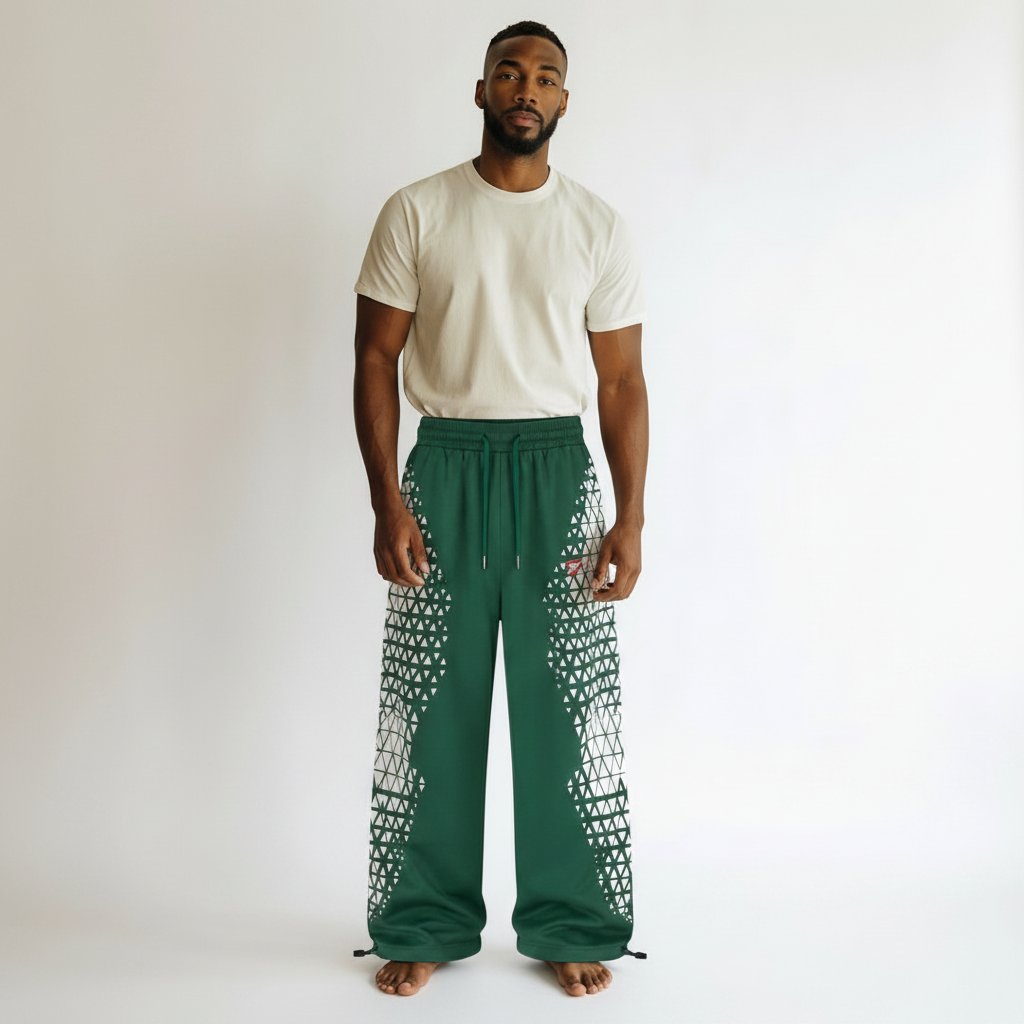 Men's Green Wide-Leg Geometric Panel Print Joggers