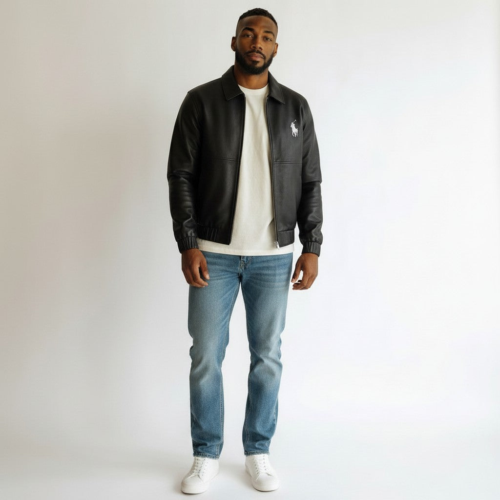 Men's Black Equestrian Embroidery Zip-Up Harrington Jacket