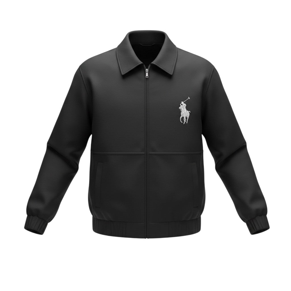 Men's Black Equestrian Embroidery Zip-Up Harrington Jacket
