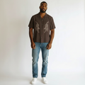 Men's Brown Tiger Embroidery Camp Collar Short-Sleeve Shirt