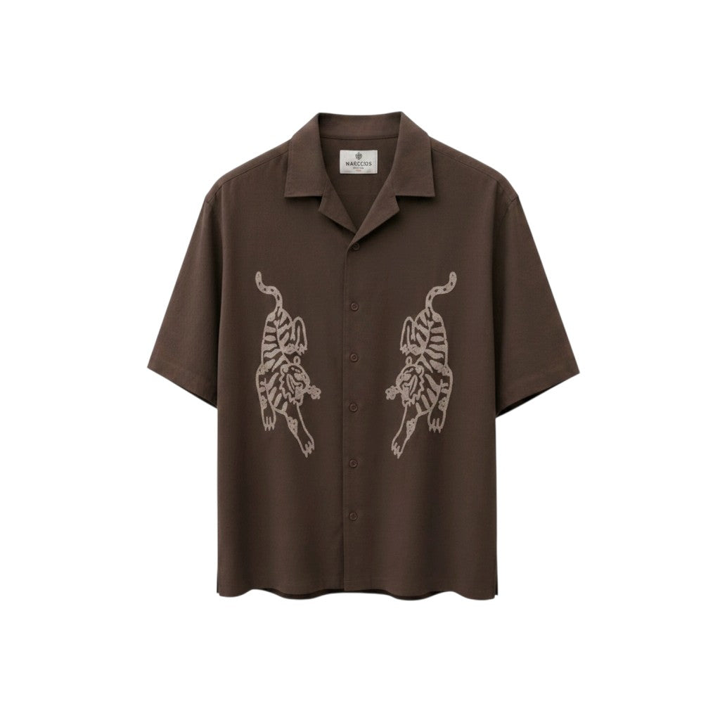 Men's Brown Tiger Embroidery Camp Collar Short-Sleeve Shirt