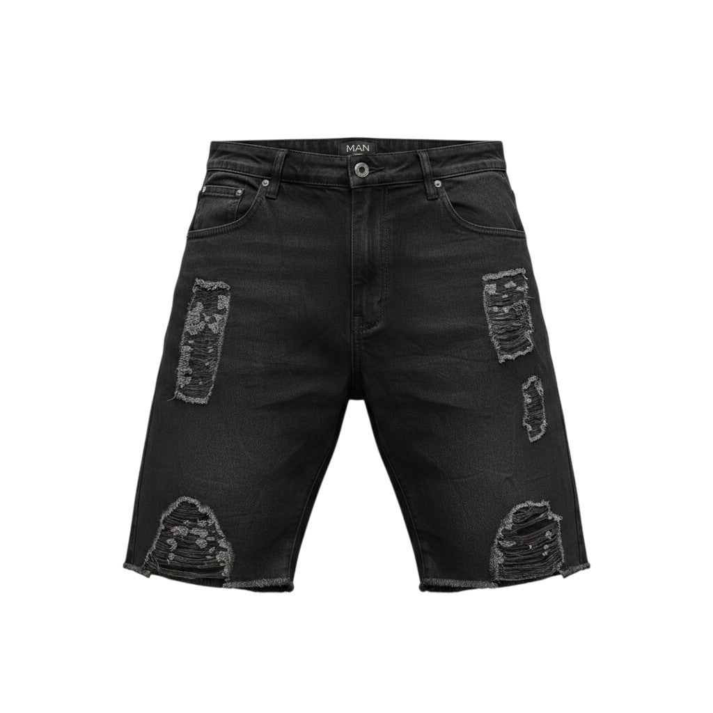 Men's Black Distressed Ripped Denim Shorts – Camo Patch Detail