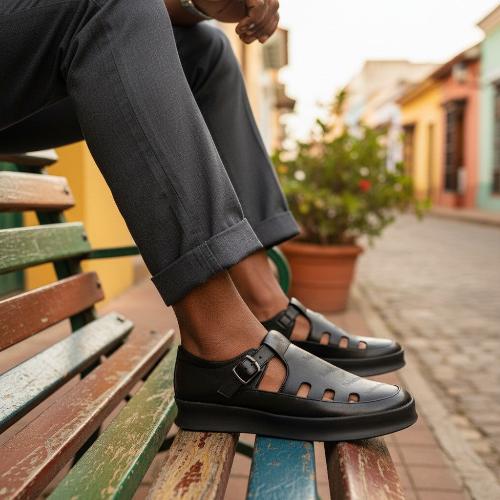 Men's Black Leather Cage Platform Sandals