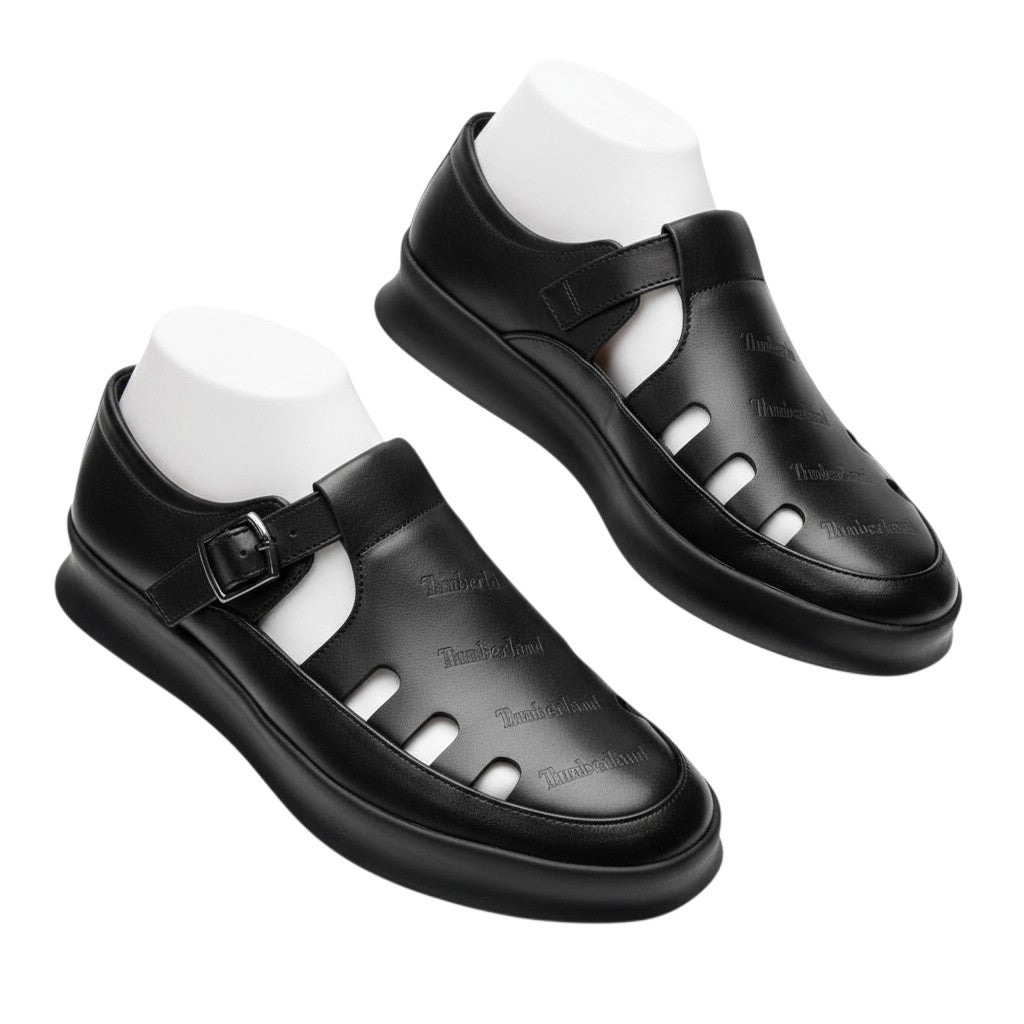 Men's Black Leather Cage Platform Sandals