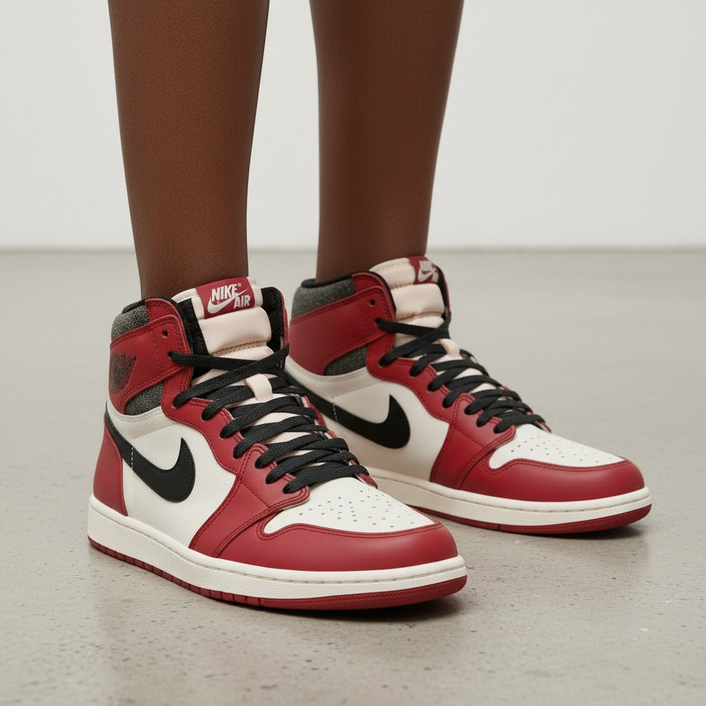 Men's Red & White High-Top Leather Sneakers with Black Swoosh