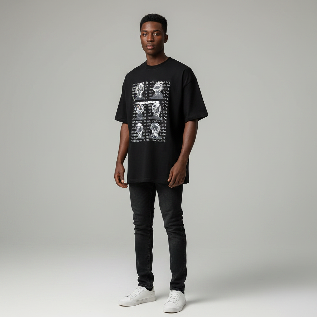 Men's Black Oversized Graphic Tee – All-Over Skull Grid Print