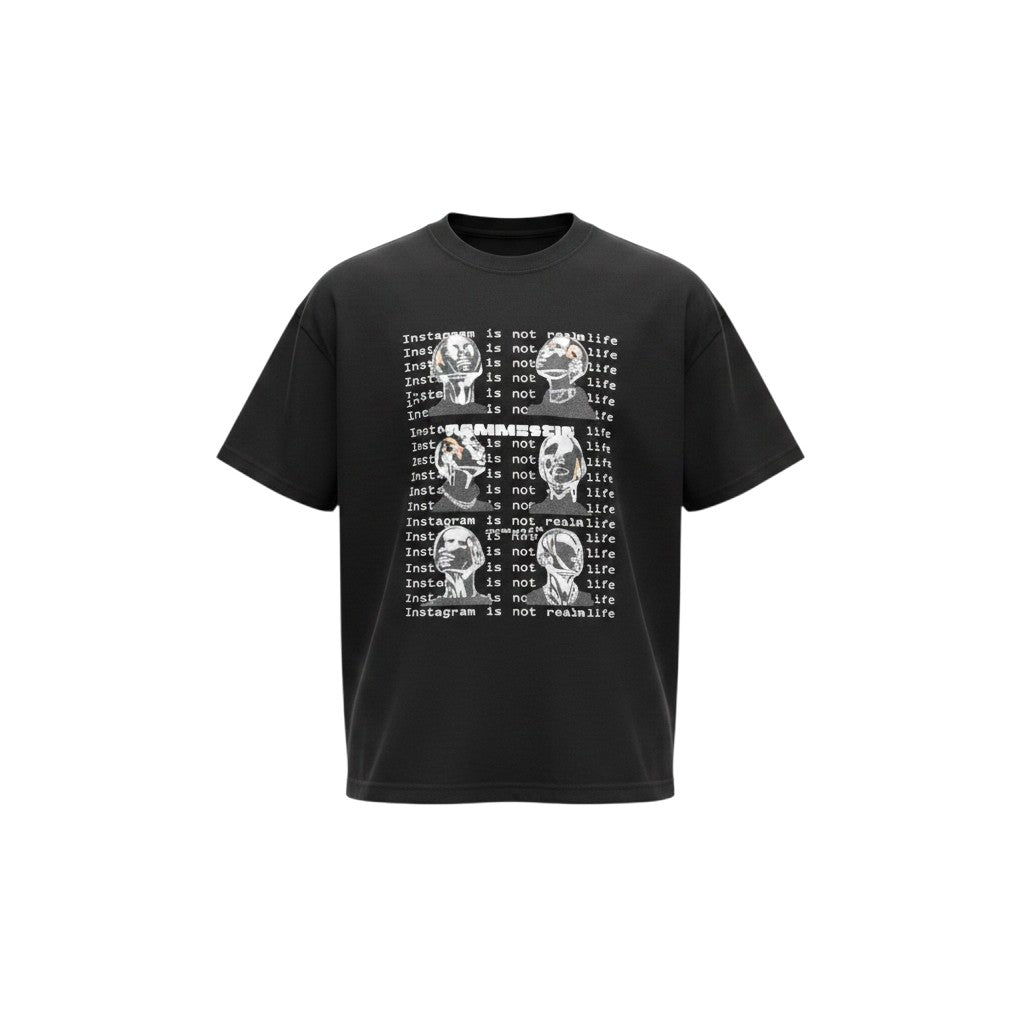 Men's Black Oversized Graphic Tee – All-Over Skull Grid Print