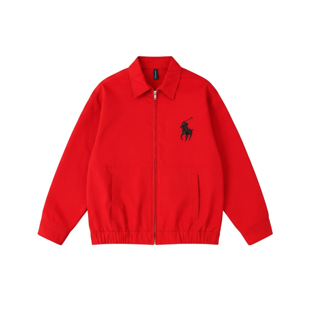 Men's Red Equestrian Embroidery Zip-Up Harrington Jacket