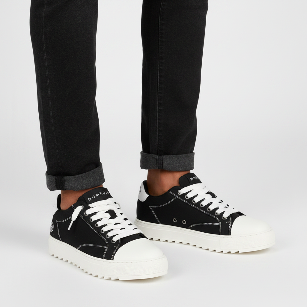 Men's Black & White Low-Top Sneakers with Chunky Serrated Sole