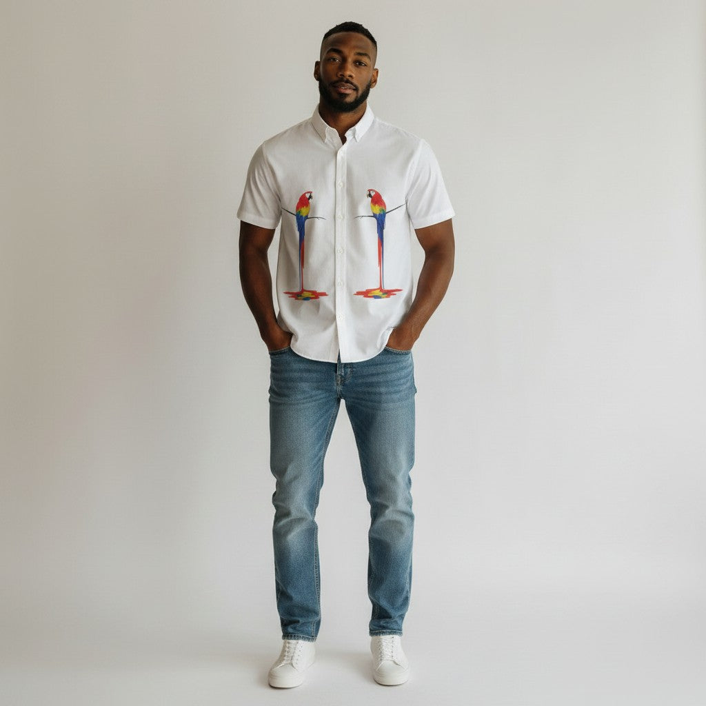 Twin Parrot Cuban Collar Shirt – White
