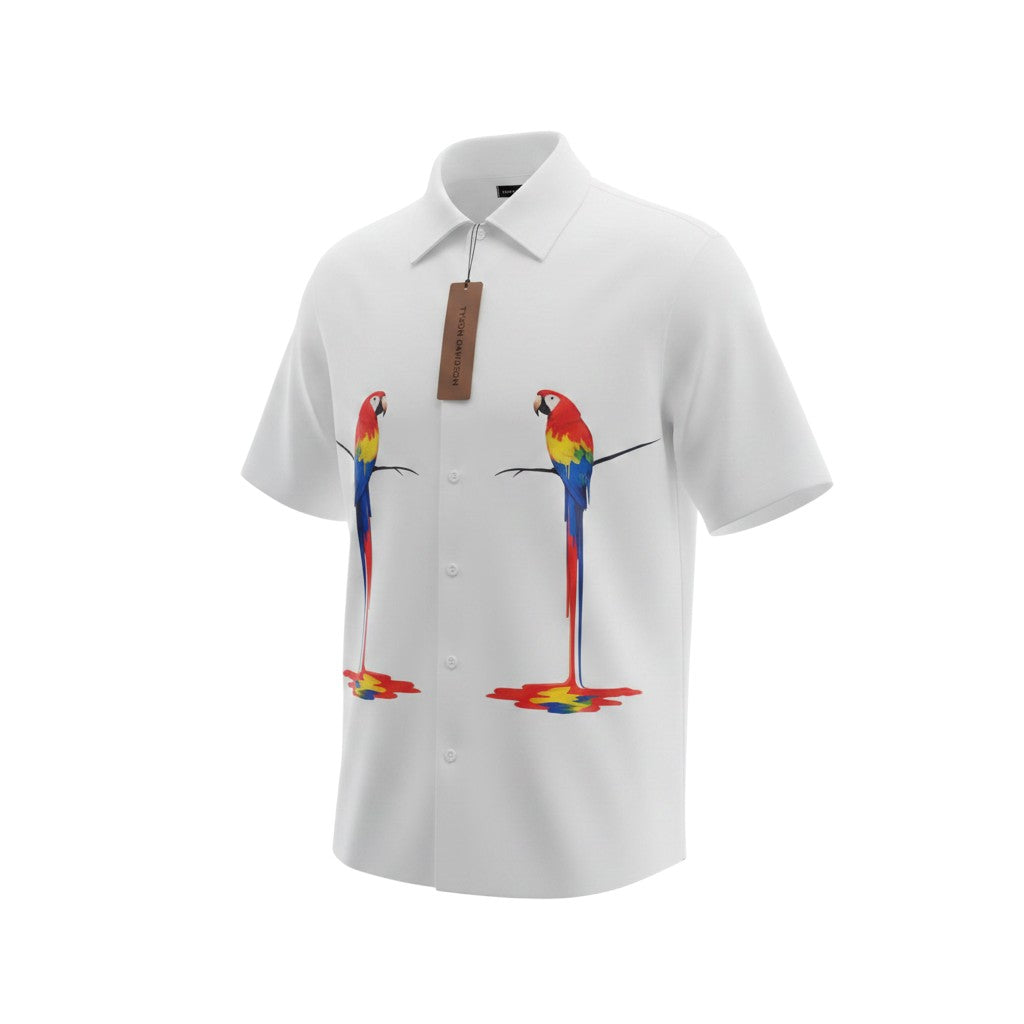 Twin Parrot Cuban Collar Shirt – White