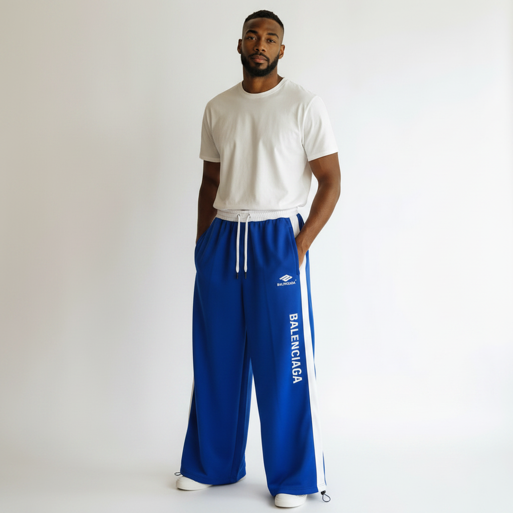 Men's Blue Wide-Leg Track Joggers with White Side Stripe