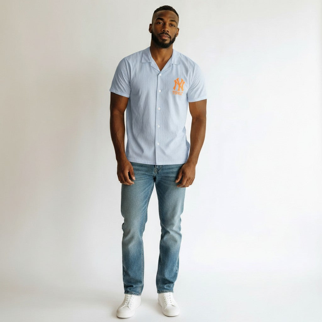 NY Bronx Cuban Collar Shirt – Blue Stripe