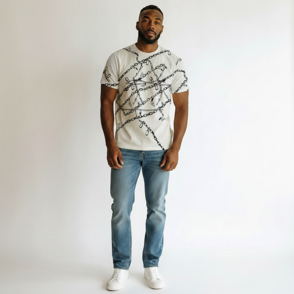 Men's White Tangled Chain & Padlock All-Over Print Oversized Tee