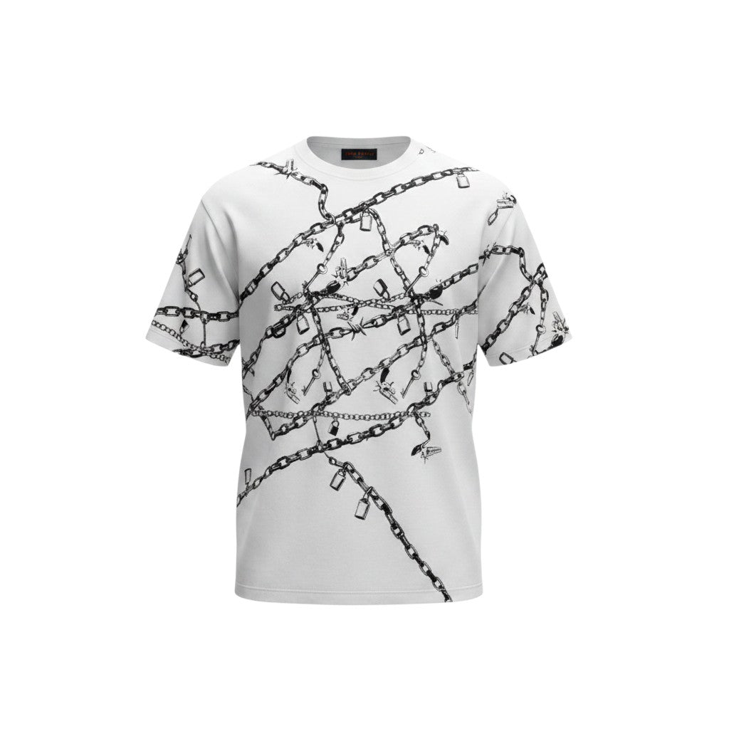 Men's White Tangled Chain & Padlock All-Over Print Oversized Tee