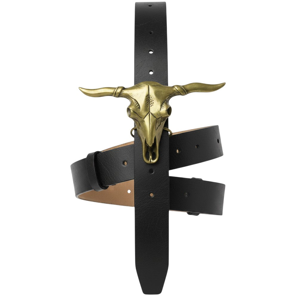 Black Leather Gold Longhorn Bull Skull Buckle Men's Belt