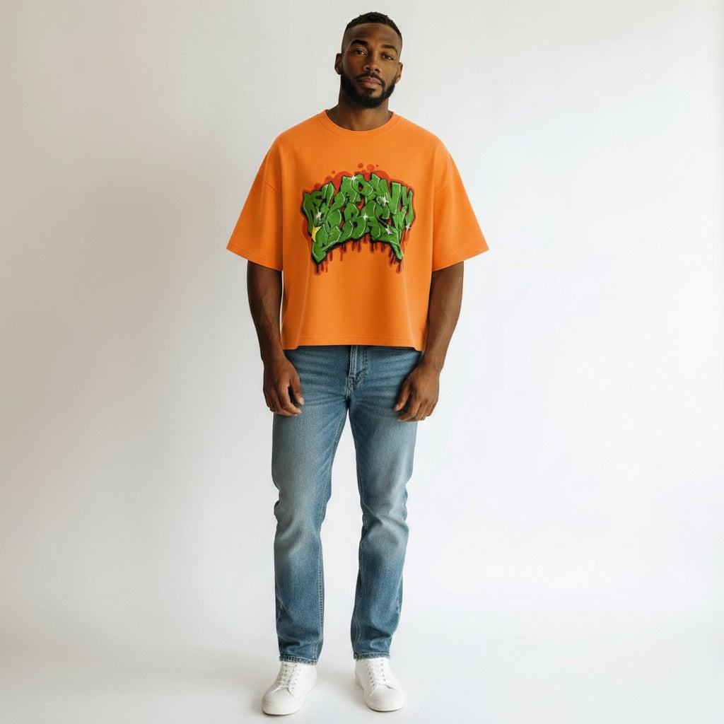 Men's Orange Graffiti Print Oversized Tee