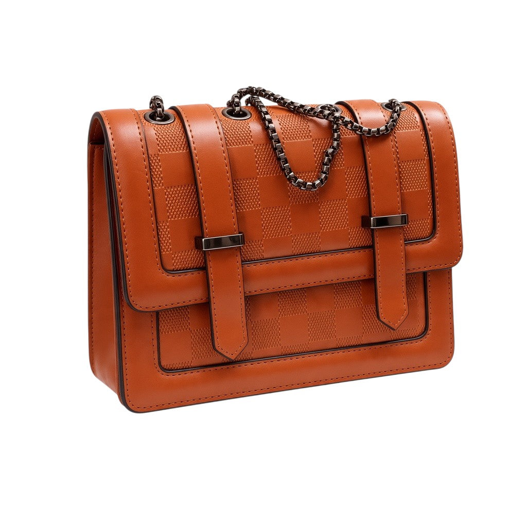 Cognac Checkerboard Twin-Strap Flap Bag
