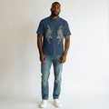 Men's Navy Blue Tiger Embroidery Short-Sleeve Shirt
