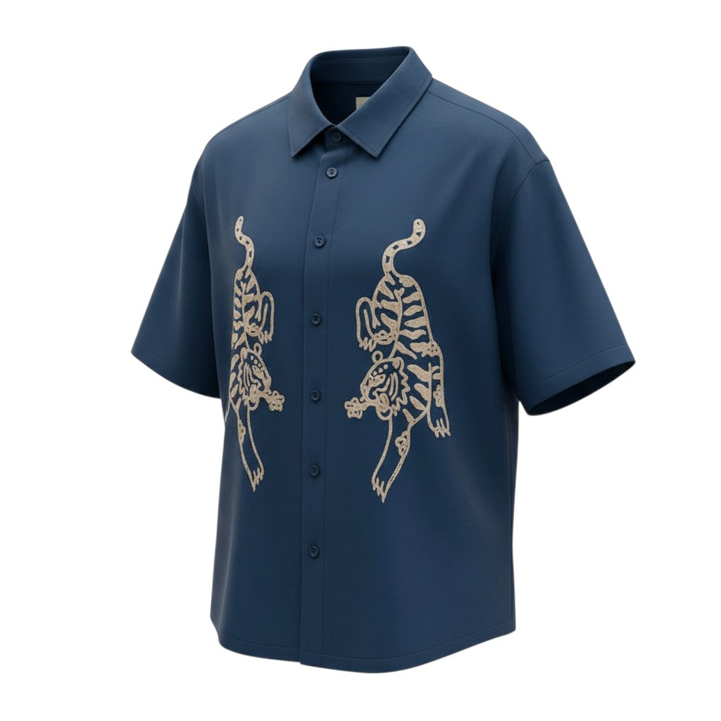 Men's Navy Blue Tiger Embroidery Short-Sleeve Shirt