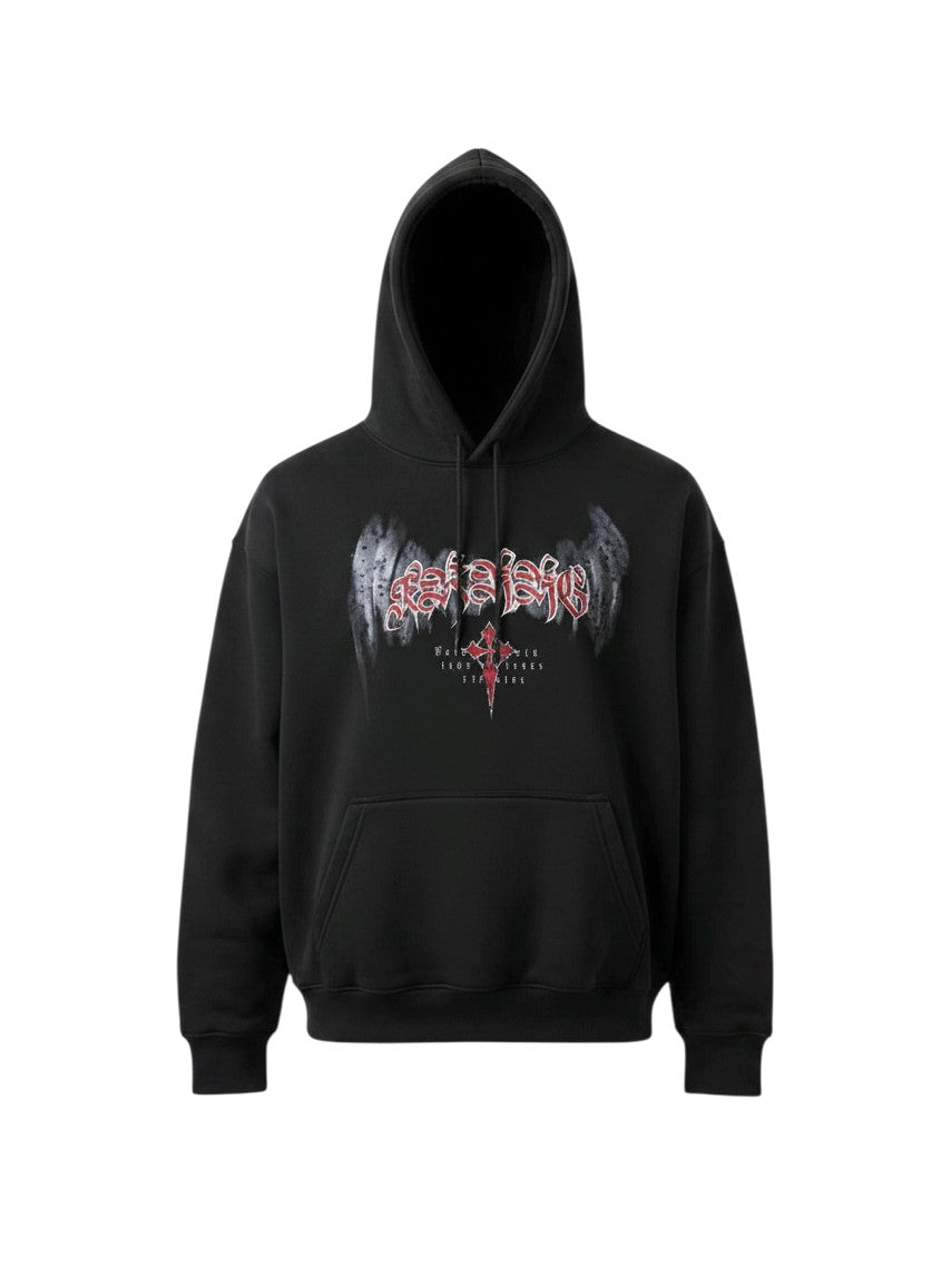 Gothic Cross Graffiti Pullover Hoodie – Black