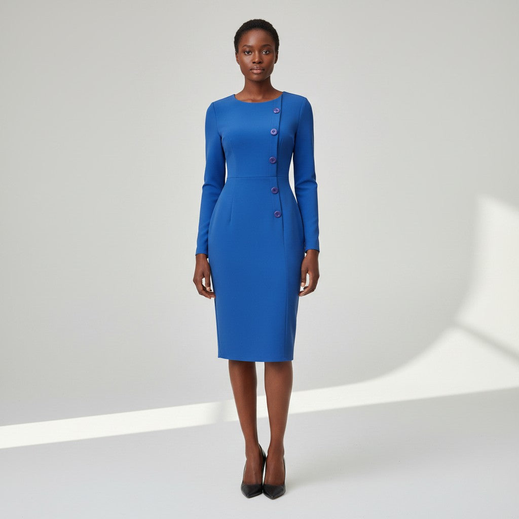 Women's Royal Blue Long Sleeve Button Front Bodycon Midi Dress