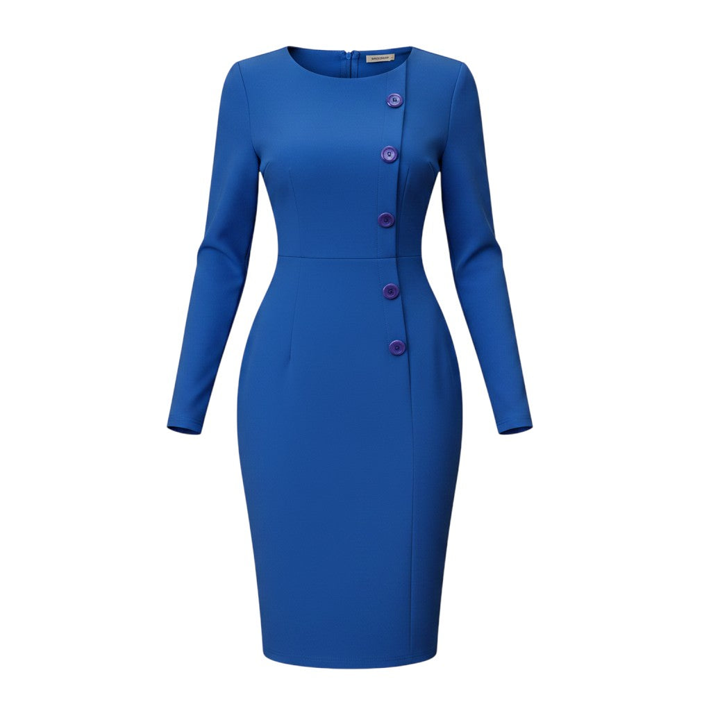 Women's Royal Blue Long Sleeve Button Front Bodycon Midi Dress