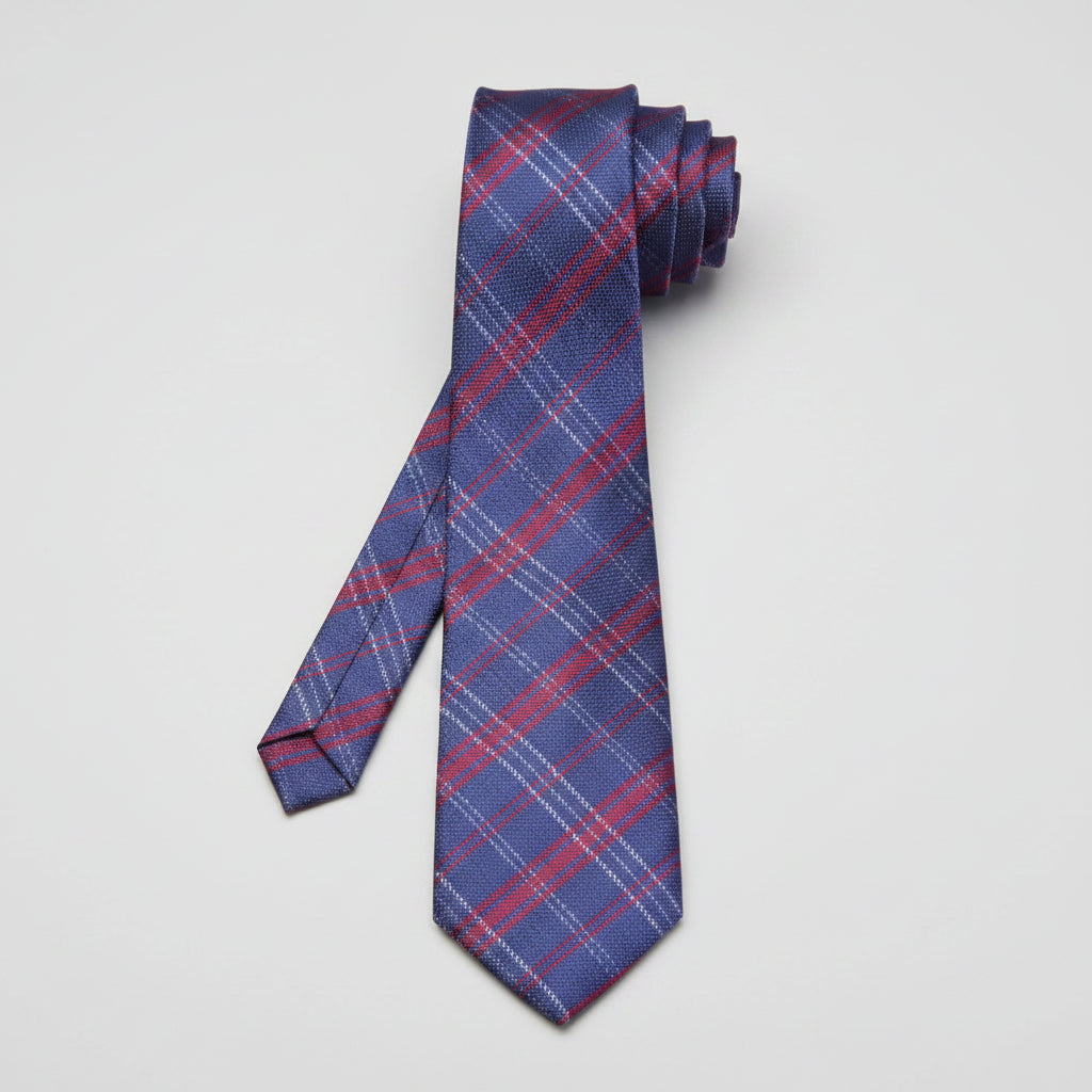 Blue plaid check pattern tie