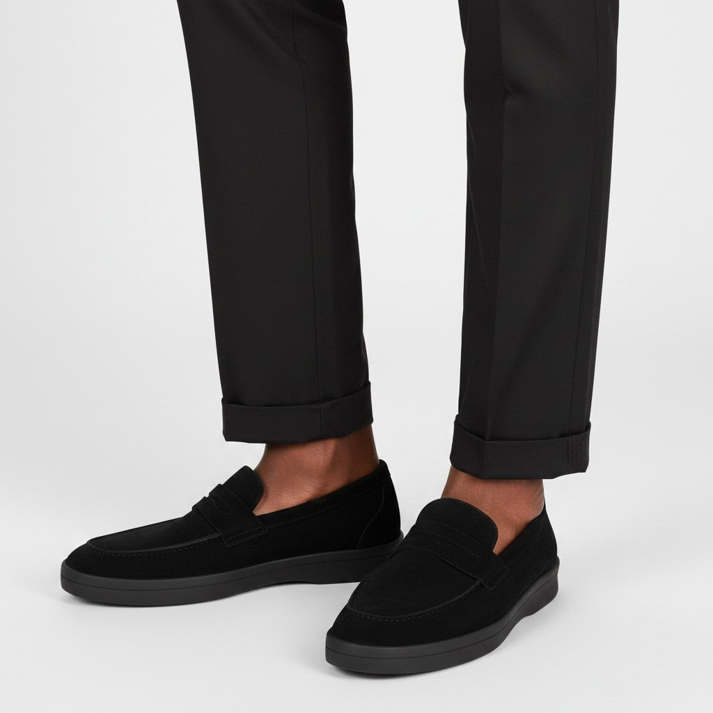 Men's Black Suede Penny Loafers with Flat Rubber Sole