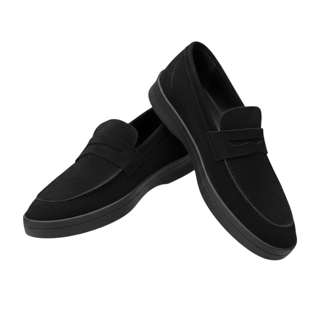 Men's Black Suede Penny Loafers with Flat Rubber Sole