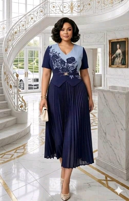 Women's Navy Blue Floral Pleated Midi Gown
