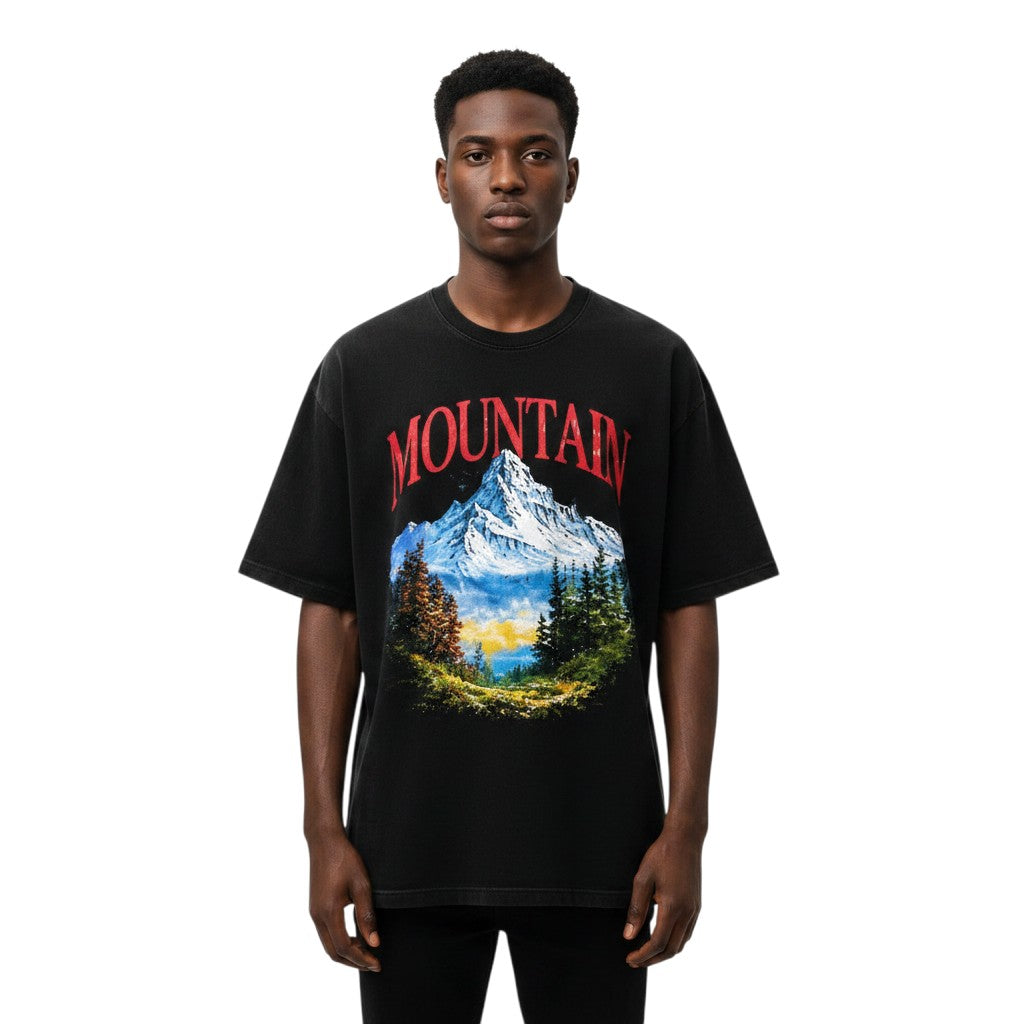 Men's Black Mountain Landscape Graphic Oversized Tee