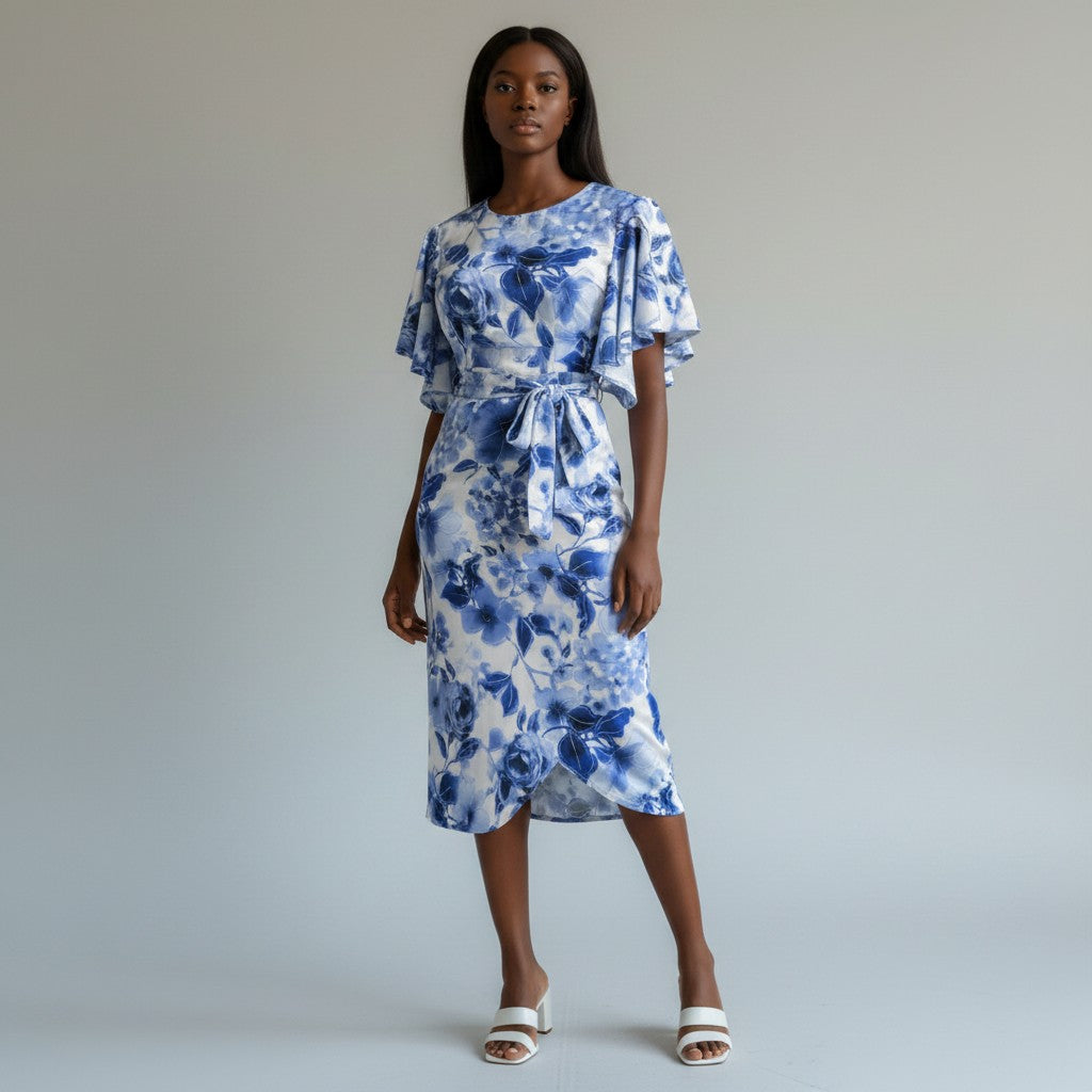Women's Blue Floral Print Flutter Sleeve Bodycon Midi Dress