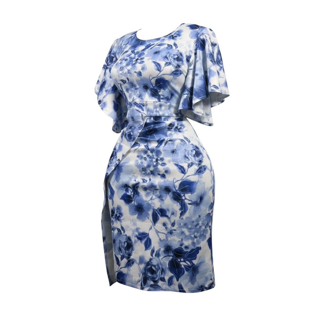 Women's Blue Floral Print Flutter Sleeve Bodycon Midi Dress