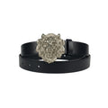 Black Leather Silver Lion Head Oval Buckle Men's Belt