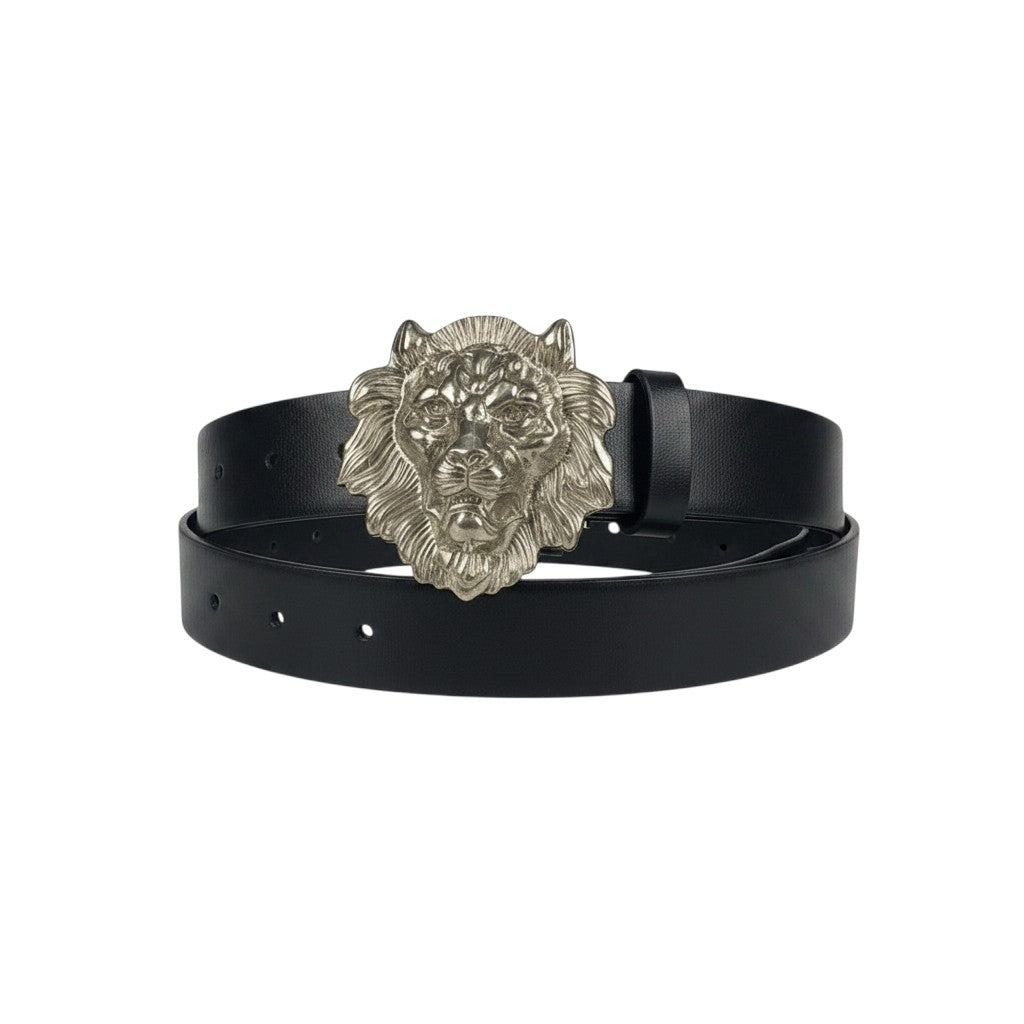 Black Leather Silver Lion Head Oval Buckle Men's Belt