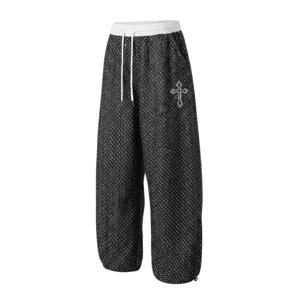 Unisex Sparkle Dot Cross Embroidery Balloon Wide-Leg Jogger Pants