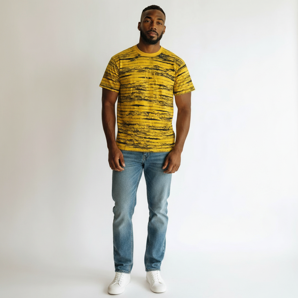 Men's Yellow Distressed Stripe Oversized Round-Neck Tee