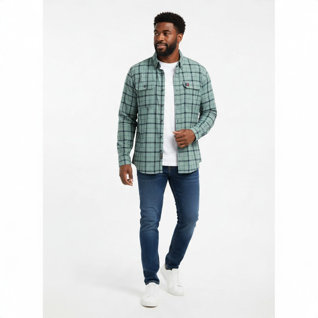 Grey-Green Check Long-Sleeve Twin-Pocket Shirt