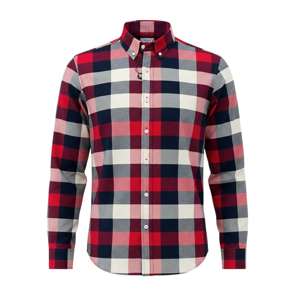 Red Navy Grey and Off-White Oversized Buffalo Check Long-Sleeve Button-Down Shirt