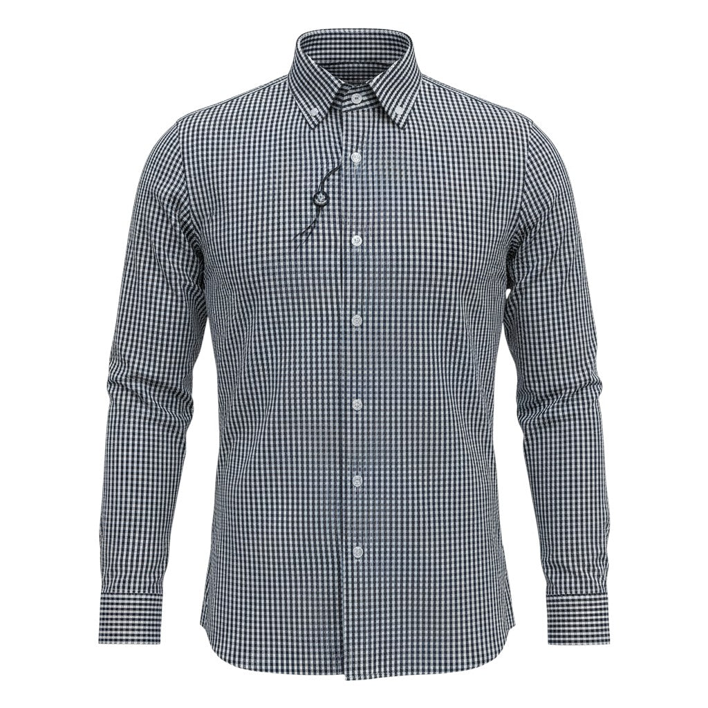 Navy and White Fine Gingham Check Long-Sleeve Button-Down Shirt with Embroidered Anchor Motif