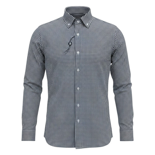 Navy and White Fine Gingham Check Long-Sleeve Button-Down Shirt with Embroidered Anchor Motif