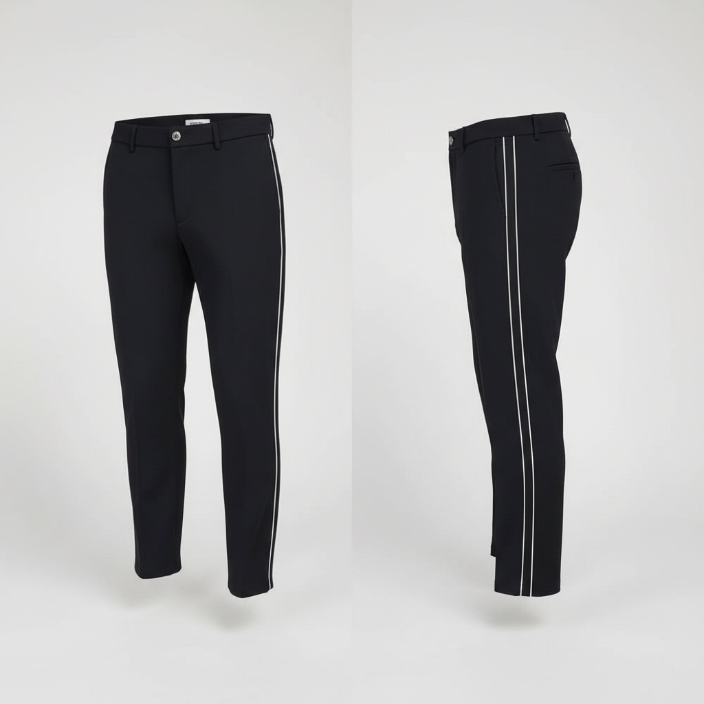 Front + Side View - Black White Piping Trousers