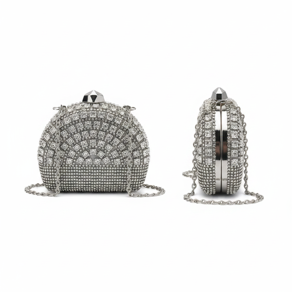 Front + Side View – Silver Rhinestone Minaudière