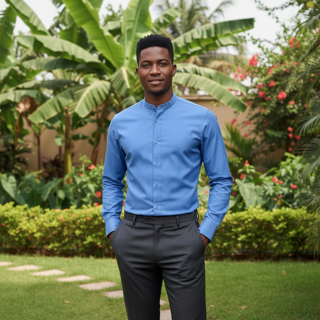 Front View – Blue Mandarin Collar Shirt (No Tag)
