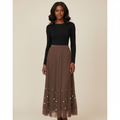 Front view - Brown Pearl Hem Pleated Midi Skirt
