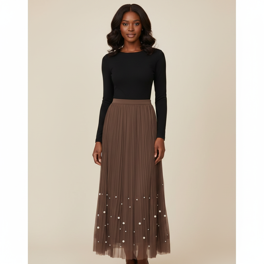 Front view - Brown Pearl Hem Pleated Midi Skirt